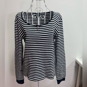 Lauren Ralph Lauren Black & White Striped Ribbed Long Sleeve Shirt, Women, Large